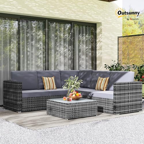 Outsunny 4 Pieces Rattan Garden Furniture Set, Wicker Outdoor Furniture Set with Corner Sofa Loveseat Coffee Table Cushions, Conservatory Furniture Set for Patio Balcony, Grey 2 Outsunny 4 Pieces Rattan Garden Furniture Set, Wicker Outdoor Furniture Set with Corner Sofa Loveseat Coffee Table Cushions, Conservatory Furniture Set for Patio Balcony, Grey - Image 2