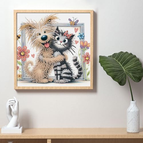 Image of AiYuanzsh Cat and Dog Diamond Art Painting Kits for Adults, 5D Special Shape Diamond Art Kits for Beginners, Crystal Rhinestones Diamond Art Painting for Home Wall Decoration Gift 12x12 inch