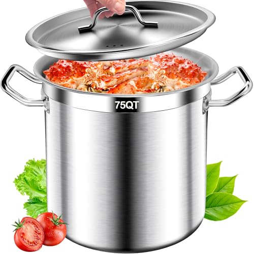 Image of 75 Quart Heavy Duty Tri-Ply Bottom Stock Pot with Lid, Premium Stainless Steel Commercial Grade Large Soup Pot for Industrial Kitchen, Food Prep, Oven Safe