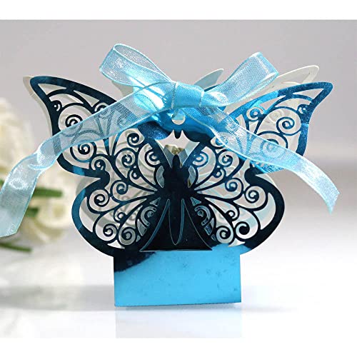 GIVBRO Lot de 50 boîtes à dragées en forme de papillon creux avec ruban pour décoration de fête Bleu foncé
