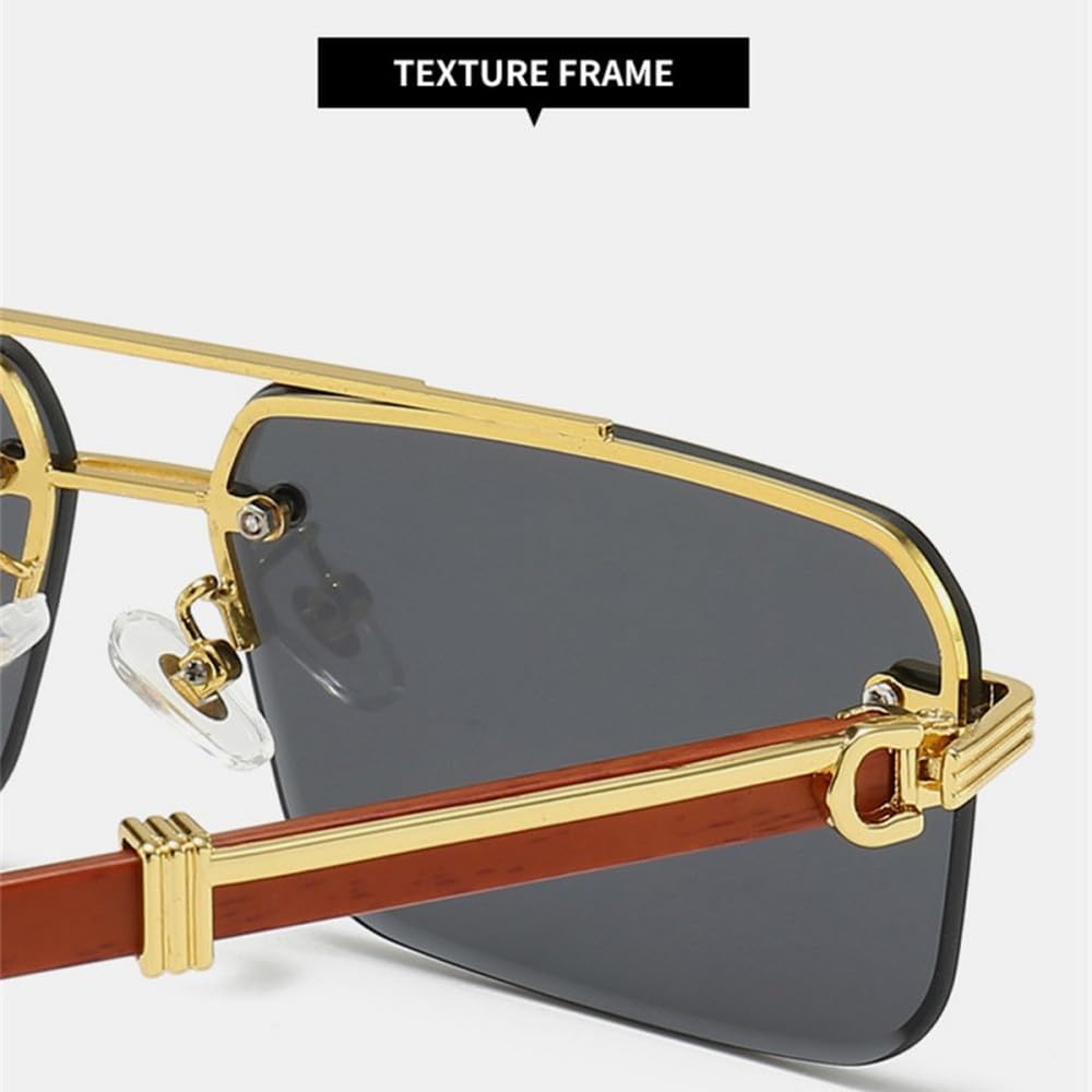 Herren-Sonnenbrille ohne Rand, Vintage-Rechteckgläser, Bügel in Holzoptik, Damen-Sonnenbrille