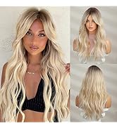 BERON Blonde Wig Long Wavy Wig Ombre Blonde Wigs with Bangs Long Curly Wig Blonde Wig with Dark R...