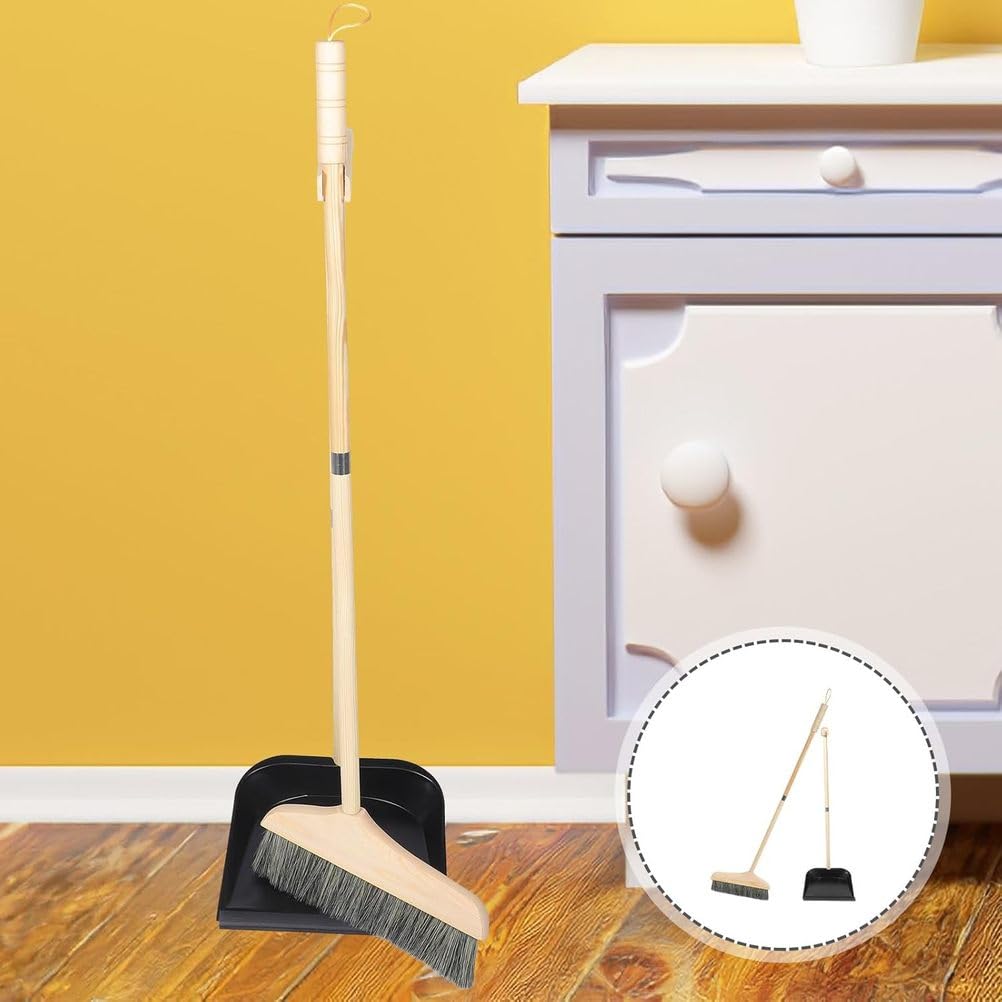 Juego de escoba y recogedor de madera con mango largo, cerdas rígidas para suelos duros, limpieza del hogar y la oficina