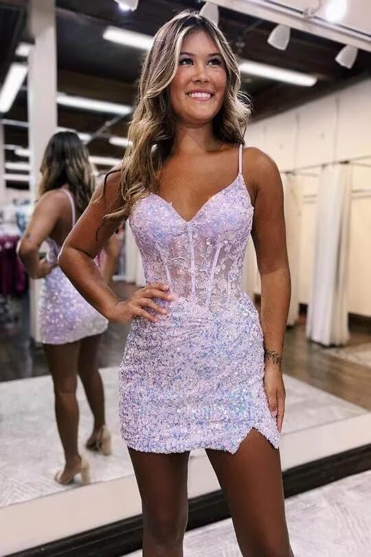 Sparkly Homecoming Dresses for Teens V Neck Sequin Short Prom Dresses 2025 Tight Formal Gowns KY0132