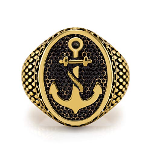555Jewelry Classic Stainless Steel Rings For Men, Retro Vintage Signet Seal Nautical Pirate Sailor Anchor Ring For Men, Navy Rings For Men, Gold, Size 9 #TOP9