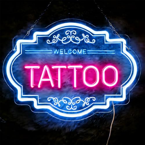 Image of Tattoo LED Neon Sign, 14 x 11 In Dimmable Light Up Wall Decor | USB Powered Dimmable Light up Tattoo Signs Decor for Bussiness Shop Studio & Salon, Gift for Artists, Include Hanging Chain