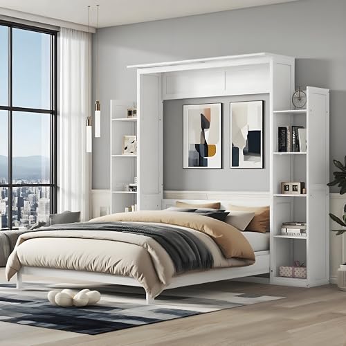 PVWIIK Queen Size Murphy Bed with 5-Tier Shelves and LED Lights,Foldable PlatformBed Vertical Wall Bedframe for Small Space,Bedroom,Guest Room,White