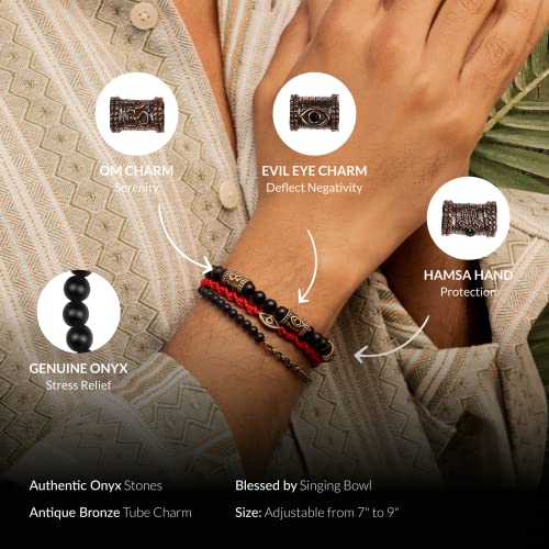 KARMA AND LUCK - Grounding Force - Triple Protection (Om, Hamsa & Evil Eye) Symbols Genuine Gemstones Macrame Bracelet for Men - Ready to Gift for Him. Size: Adjustable from 7" to 9".2