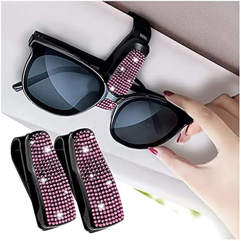 Turcee Set of 2 Bling Rhinestone Car Sun Visor Glasses Holders with Anti-Scratch Sponge,Car Decoration for Women Girls,Ticket Card Clip Visor Organizer,Universal Rhinestone Car Accessories (Pink) Cover