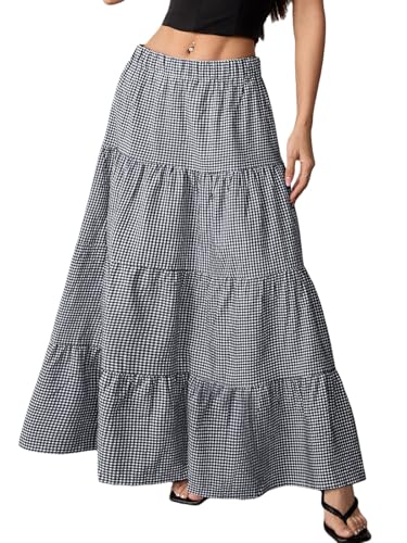 TITOMD Women's Maxi Skirt Summer Spring Clothes Boho A Line Ruffle Plaid Gingham Elastic Flowy Fashion 2026 Long Skirts Black