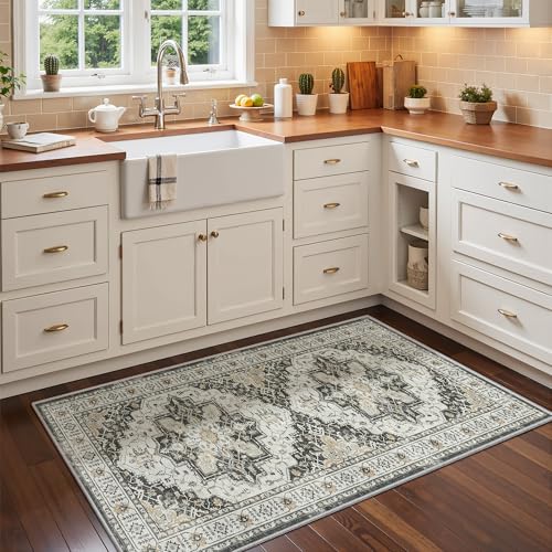 Madane Washable Area Rug 2x4, Small Entryway Rug Non-Slip Vintage Door Mat Indoor Entrance, Low Pile Floor Carpet Runner for Inside Front Door Kitchen Entry Laundry, Black