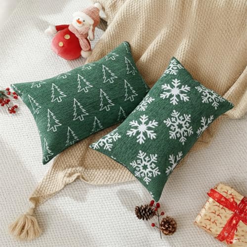 Image of 2 Pack Soft Chenille Christmas Reversible Throw Pillow Covers 12x20, Holiday Double-Sided Snowflake & Tree Cushion Cases for Sofa Couch Living Room(Green,20x12)