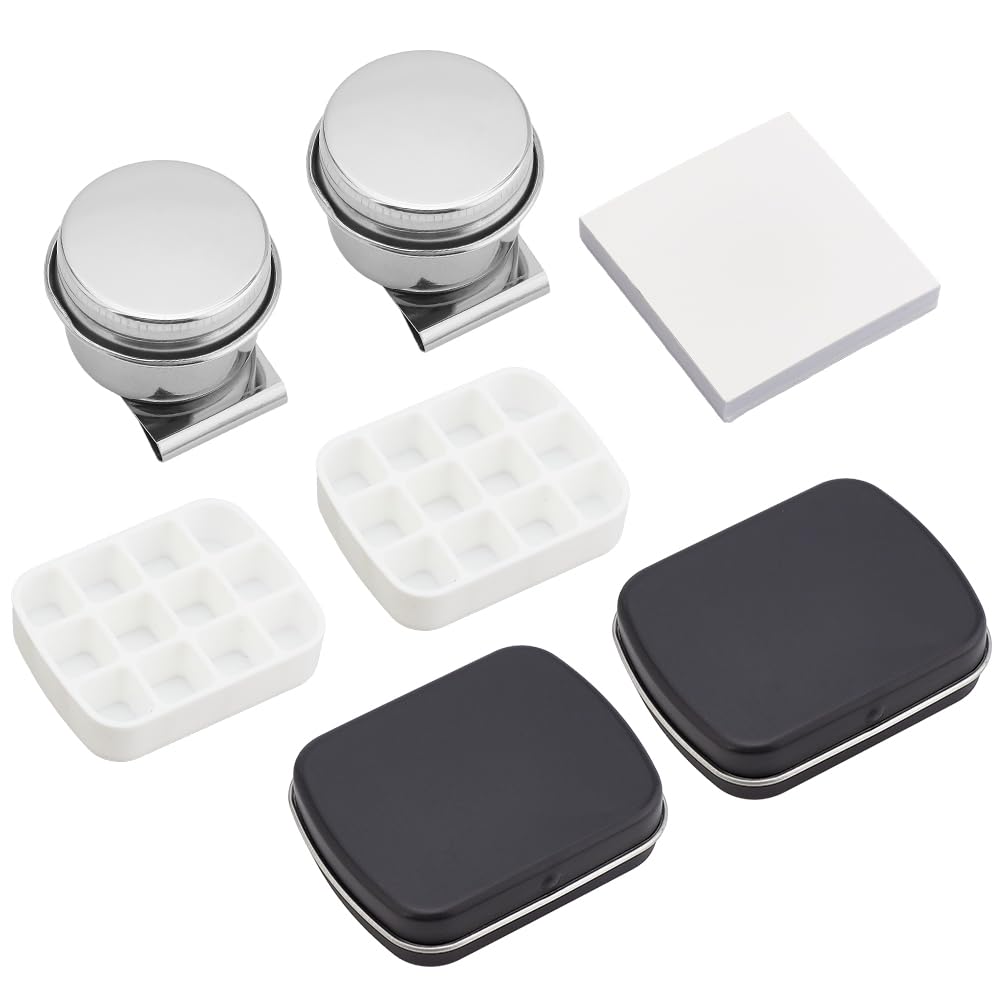 PH PandaHall tragbare Mini Blechdose mit 12 Well Aquarellpalette, Farbmischtablett, Farbaufbewahrungsbox, Reisekünstler, Outdoor Skizzenpaletten Kits mit Öltopf und Malpapier