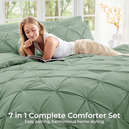 Image of Sasttie Queen Comforter Set, 7-Piece Bed in a Bag, Pintuck Bedding Sets for All Season, Includes Comforter, Flat Sheet, Fitted Sheet, Pillowcases and Pillowshams, Sage Green