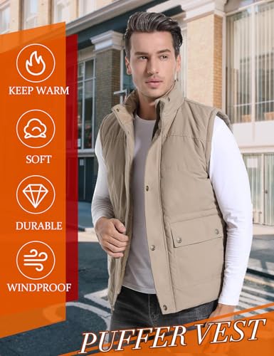 Image of Flygo Men's Winter Warm Outdoor Padded Puffer Vest Thick Fleece Lined Sleeveless Jacket, Khaki, XX-Large