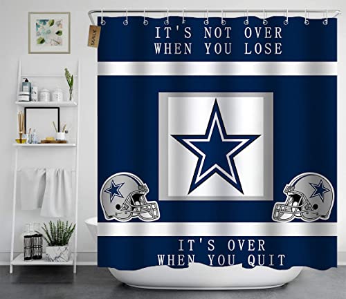Skailié 4Pcs Sports Shower Curtain Set, White Navy Blue Stripe Texas Star Grey Helmet American Football Player Championship Positive Inspirational Quotes Bathroom Decor, Non-Slip Bath Mat, Never Quit #TOP2