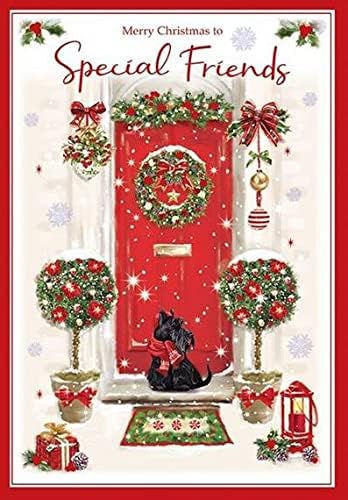 Grass Roots Special Friends 'Happy Christmas' Card - Lovely Design with Festive Front Door and Scottie Dog - Foil Finish - from the Write from the Heart Range