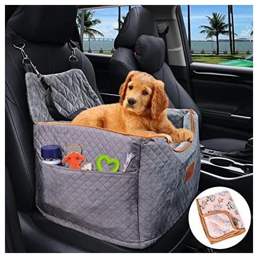 AlfaTok Memory Foam Booster Dog Car Seat with Washable Removable Cover, Elevated Pet Car Seat, Anti-Slip Sturdy Dog Booster Seats for Small Dogs 25lbs, Dog Seat Belt, Storage Pocket, Dog Blankets