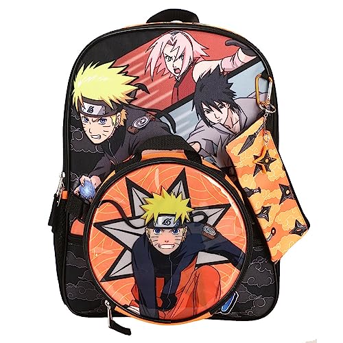 Bioworld Naruto Anime Character Print Orange and Black 5-Piece Backpack Set For Boys