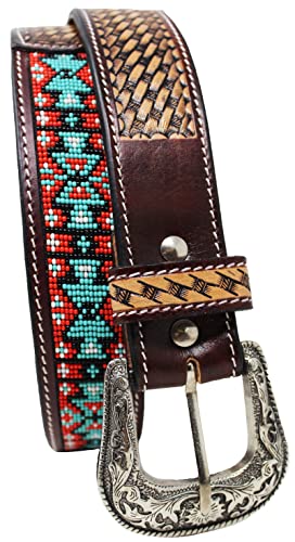 Western Antique Basket Weave Tooled Beaded Full-Grain Leather Belt 26FK542