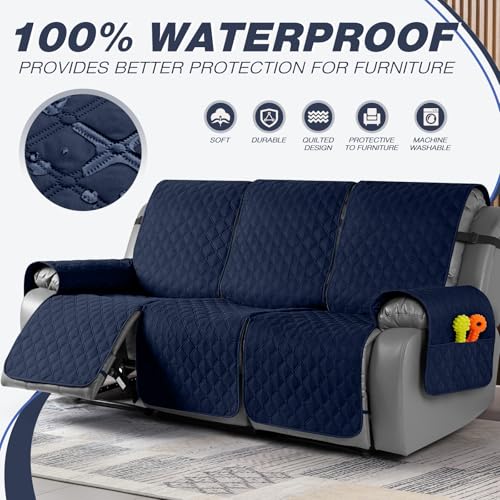 TAOCOCO 100% Waterproof Recliner Covers, Recliner Sofa Covers with Leg Straps, Reversible Recliner Couch Cover for Reclining Chair, Washable Couch Protector for Pets Kids(3 Seater, Dark Blue) — view 2
