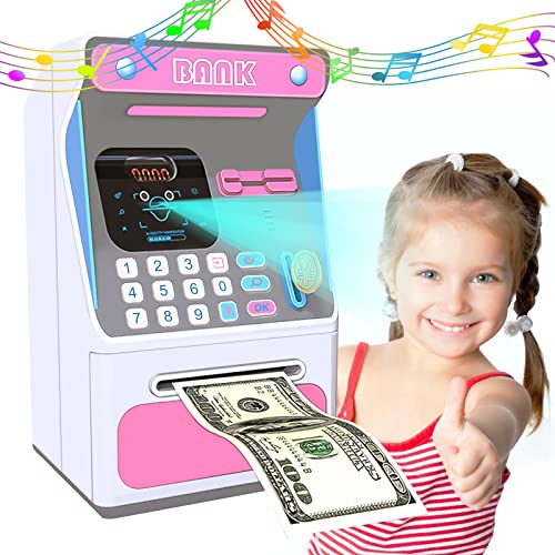 Hesclot Piggy Bank Money Bank ATM Savings Bank Electronic Mini ATM Machine Cash Coin ATM Piggy Bank for Real Money Piggy Bank with Simulated Face Recognition Safe Box Gift for Kids (Pink) (7010A)