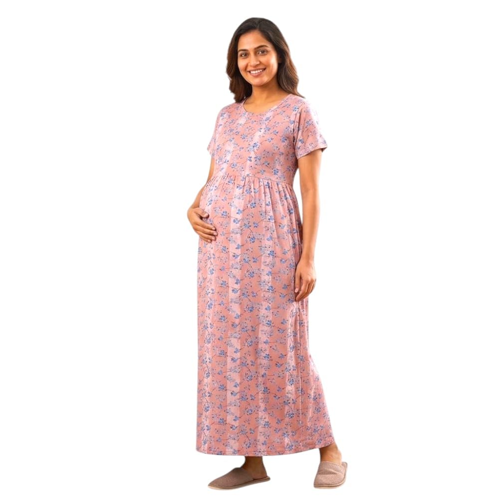 Women's Maternity Maxi Frock with Feeding Pocket, Pink Floral Print, Short Sleeve, Comfortable Fit-picture-37