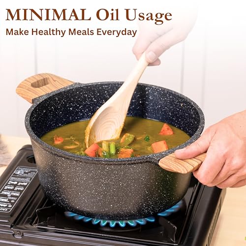 Image of Kreme CeraStone Ultra Granite Nonstick Cookware Set 10 pcs, Wooden Spoons, Kadai 2.5L, Casserole Pot 4.4L, Frying Pan 1.7L, Flat Tawa, Appam Pan 12, PFOA Free, Induction Compatible, Black