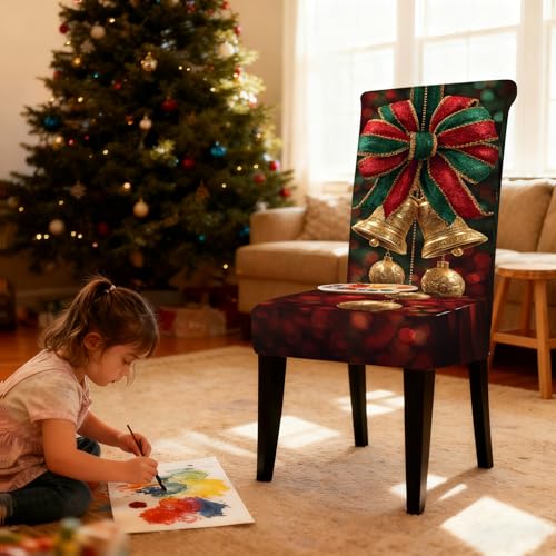 Image of Nuxovilar 4PCS Gold Bell Bow Stretch Chair Covers 23.6x70in | Holiday Slipcover Festive Protector Gold Bell Wrap Seat Guard Dining Room Formal Banquet Event (Golden Bow)