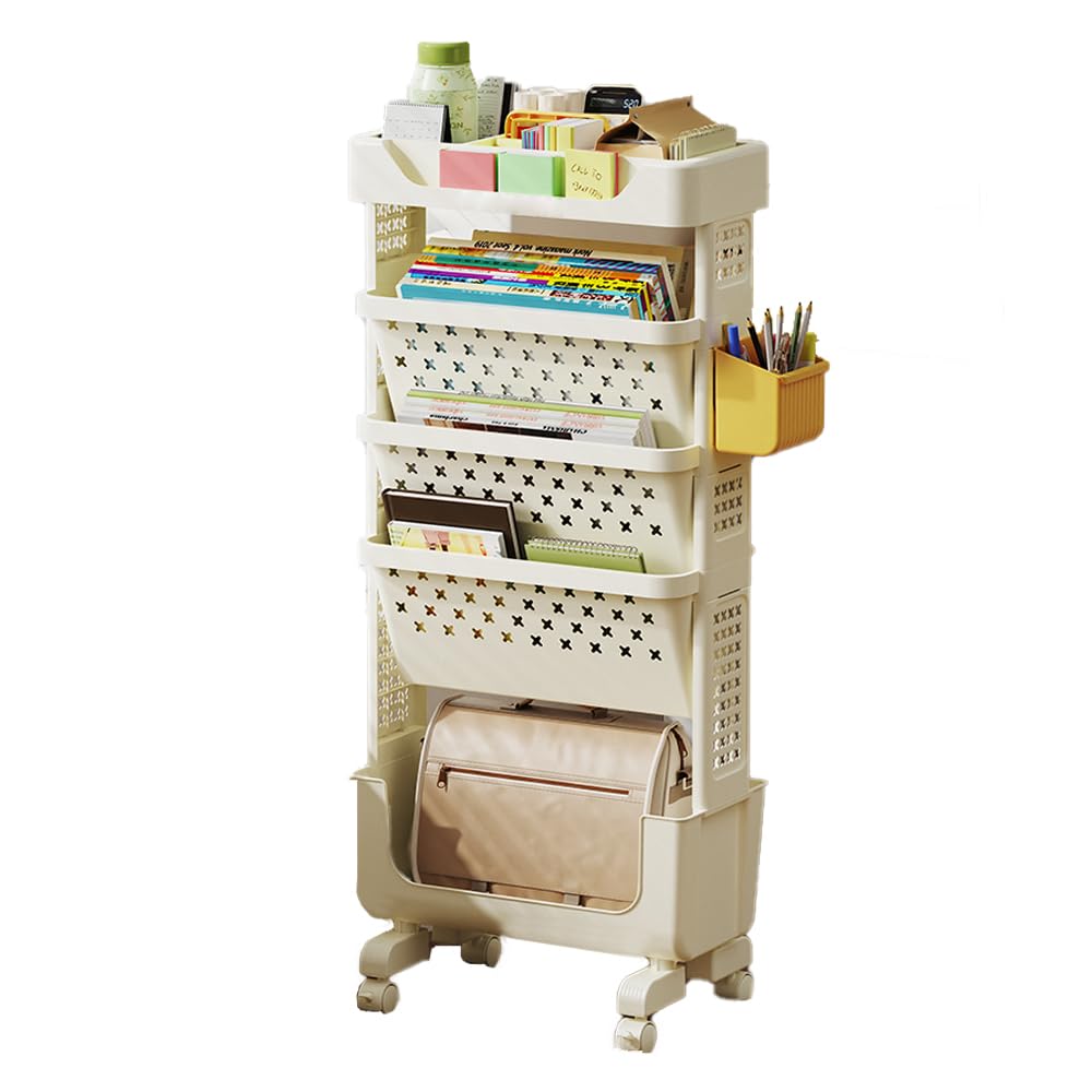 SINBINTA Mobile Bookshelf with Wheels Magazine Book Organiser (Beige)