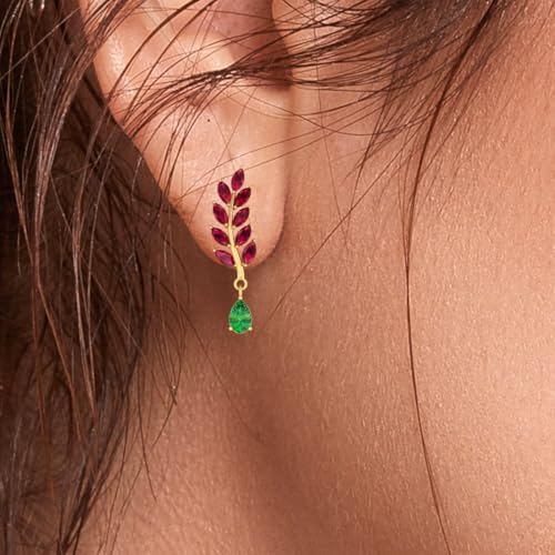 Image of P.C. Chandra Jewellers 14k Gold Earrings With Red Stone Leaf Design With A Stone Drop For Women & Girls - 1.1 Gram
