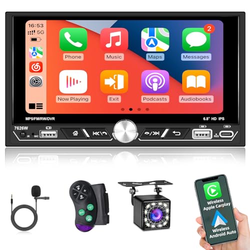 Autoradio 2 Din con Wireless Carplay e Android Auto - Autoradio touchscreen da 6,8 pollici con Bluetooth, EQ, Mirror Link, Radio FM/AM/RDS, SWC, porta USB/Type-C + telecamera di backup Autoradio 2 Din con Wireless Carplay e Android Auto - Autoradio touchscreen da 6,8 pollici con Bluetooth, EQ, Mirror Link, Radio FM/AM/RDS, SWC, porta USB/Type-C + telecamera di backup