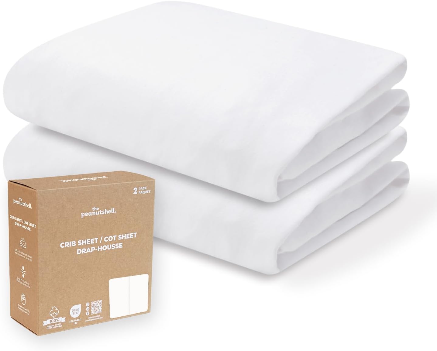 Organic Cotton Baby Crib Sheets Girl, Boy - 2pk Toddler Bed Sheets, White | 100% Organic Cotton Jersey, Fits Crib 52” x 28” & Toddler Bed, Fitted Elastic Edge, Oeko-Tex, Gift-Ready, White/White