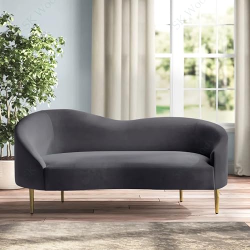 Image of Rosewood Luxury Curved Sofa in Premium Velvet-Fabric | Solid Wood Structure | High Density Foam | Sturdy Golden Legs | Comfortable & Stylish Couch for Modern Living Room (Grey, 2 Seater)