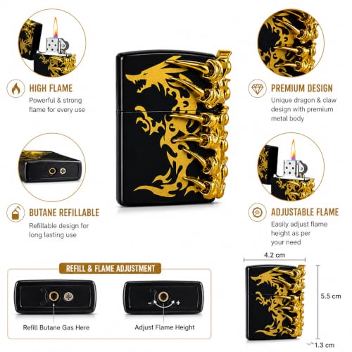 Image of Refillable Metal Lighter with Adjustable Flame, Wind Resistant Pocket Lighter, Decorative Claw Design, Reusable Flip Top Lighter for Men, Gift & Everyday Carry (Black)