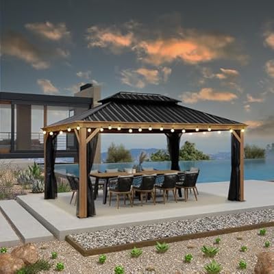 PURPLE LEAF 12' X 16' Outdoor Hardtop Gazebo for Patio Galvanized Steel Double Roof Permanent Canopy Aluminum Frame Pavilion Gazebo with Netting and 24 String Lights