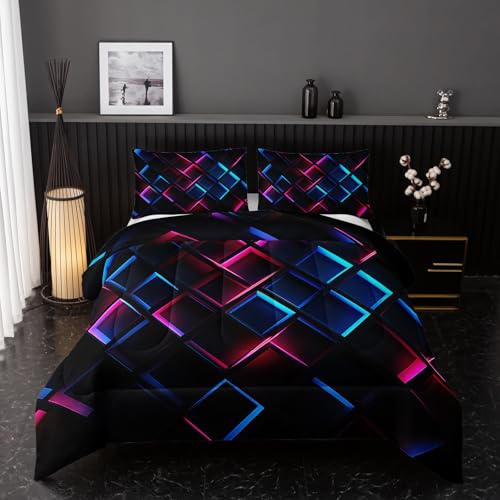 Image of Nttopship Blue Black Geometric Comforter Set Full Size 3D Stereoscopic Square Bedding Set Honeycomb Bedding Set 3 Piece Modern Style Geometry Decor,Microfiber LightweightWith 2 Pillowcases
