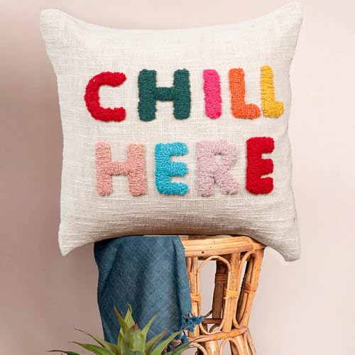 Image of HOMADORN 100% Cotton Hand Tufted Cushion Cover | Text Pattern Decorative Pillow Case | Boho Sofa Cushion Cover for Living Room | Soft & Durable | (16x16 Inches) (2, CHILL HERE Multicolor)
