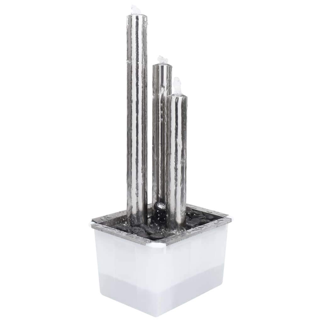 Mangloder Fontana da giardino argentata in acciaio inox, 48 x 34 x 88 cm, con illuminazione a LED, pompa e vasca da 50 l, gioco d'acqua con cascata, per giardino, terrazza, balcone, interni ed esterni