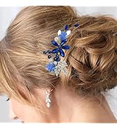 Flatser Blue Crystal Wedding Hair Clip Silver Flowers Bride Hair Clips Rhinestone Leaf Bridal Hai...