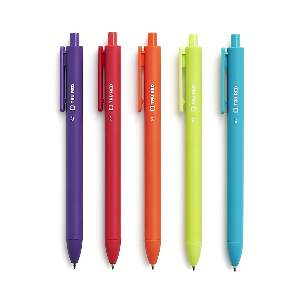 STAPLES TRU RED Retractable Gel Pens, Medium Point 0.7mm, Assorted Ink Colors, 5 Pack – Quick‑Dry Pens for Notes &amp; Color Coding