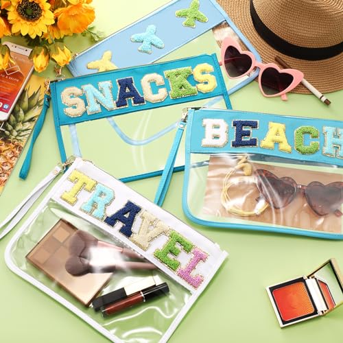 Remerry 4 Pack Chenille Letter Bag Clear Monogram Cosmetic Makeup Bag Travel Snack Beach Stuff Patch Pouch Preppy Gifts for Women Girls2