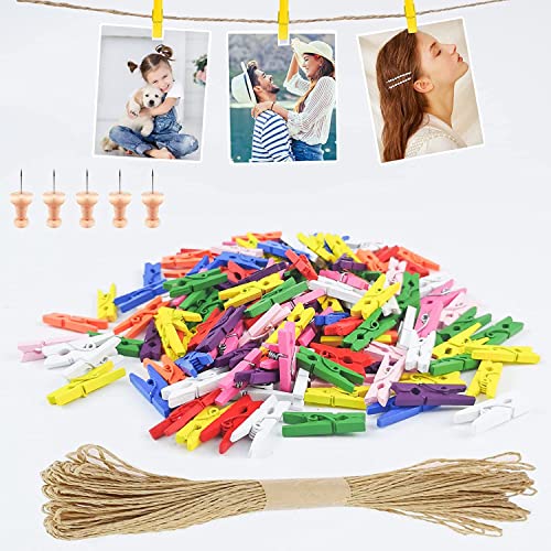 Furuising Lot de 156 Colorés Mini Pince a Linge Bois, 25mm Couleur Epingle a Linge, Petite Pinces à Linge avec 10m Corde de Jute et 5 Crampons,pour Mariage...