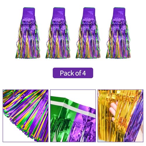 Image of 4 Packs 10 Feet Long Foil Fringe Mardi Gras Garland Green Gold Purple Tinsel Metallic Streamers Wall Hanging Birthday Backdrop Banner for Carnaval Car Parade Floats Streamer Decorations