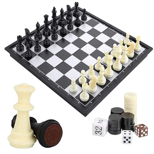 Various Ajedrez Magnético de Viaje 3 en 1, Tablero Plegable 32 cm con Damas y Backgammon, Piezas Magnéticas y Estuche Portátil, Juego de Mesa para Familia
