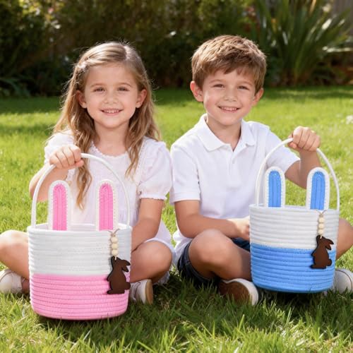 Image of Easter Basket Empty 2 PCS Bunny Woven Rope Easter Baskets for Kids Easter Hunt Baskets with Handle Bags Easter Gifts for Kids Toddlers Girls Boys Teens Set of 2 Blue and Pink