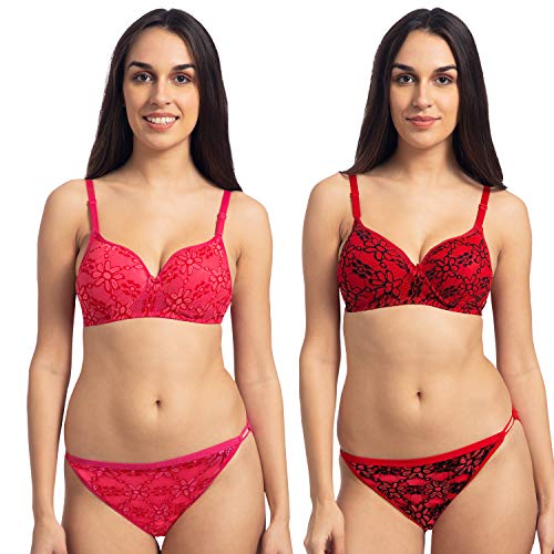 Image of Komli - Bridal Heavily Padded Push-Up Bra and Panty Set - Cotton Rich - Balconette - Seamless, Wireless, 3 /4th Coverage - Embroidered Multicolor Lace on Cups with Halter Straps