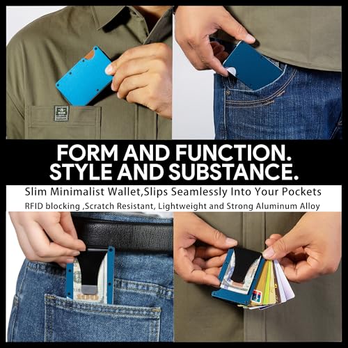 Image of Minimalist Wallet for Men, Slim Metal RFID Blocking Wallet Credit Card Holder Money Clip & Cash Strap, Scratch-Resistant Holds 15 Cards,Ideal Gift for Men | Matt Blue