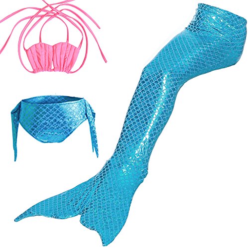 Fantasia infantil de Memamaid, 3 peças de roupa de banho de cauda de sereia para nadar, traje de ban
