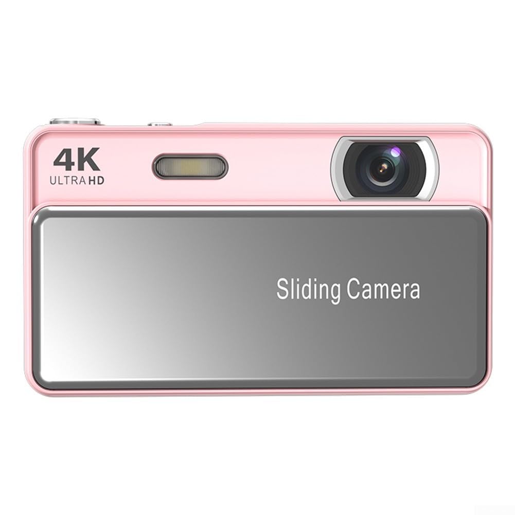 Kompakte Slider-Digitalkamera mit 64-MP-Sensor und 16-fachem Zoom, 4K-Videoaufnahme, Metall-ABS-Konstruktion, tragbares Slide-Design für Schüler und Anfänger (Rosa)